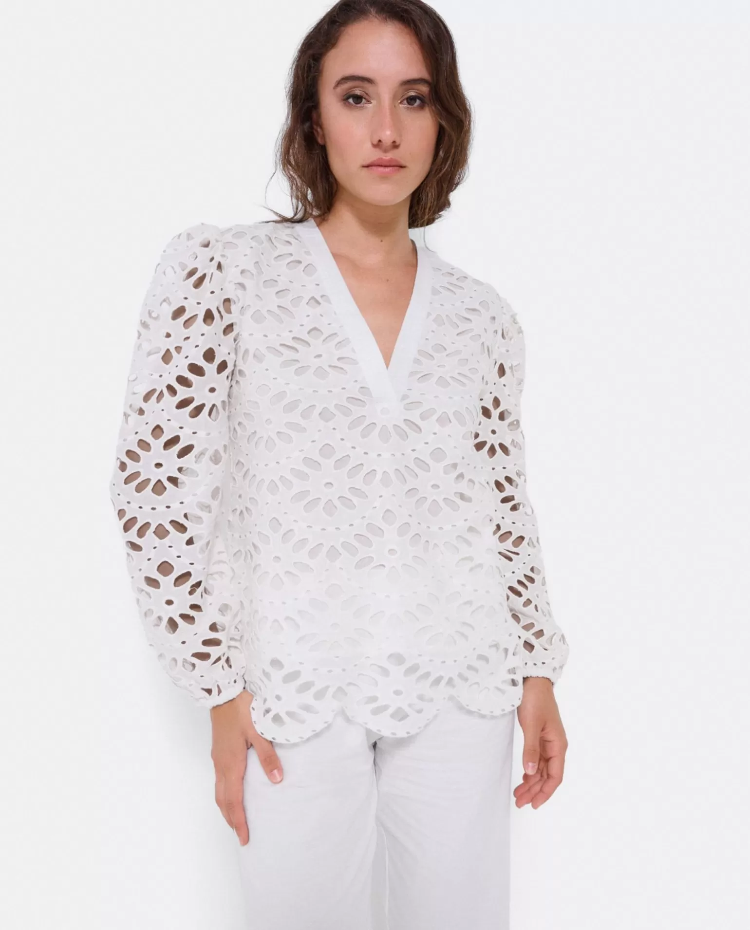 Mujer Cuplé Blusa Escote Pico Guipur Blanco