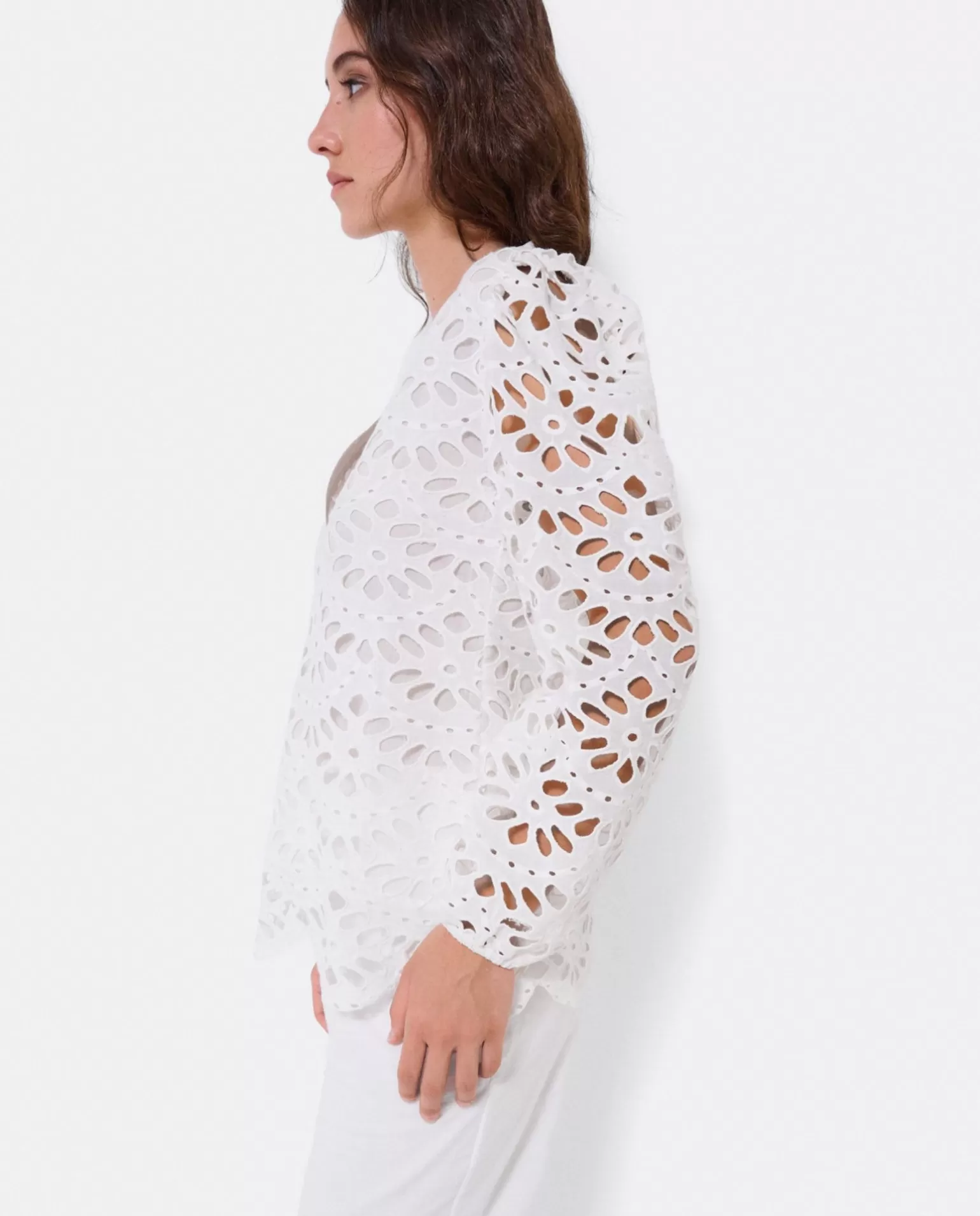 Mujer Cuplé Blusa Escote Pico Guipur Blanco