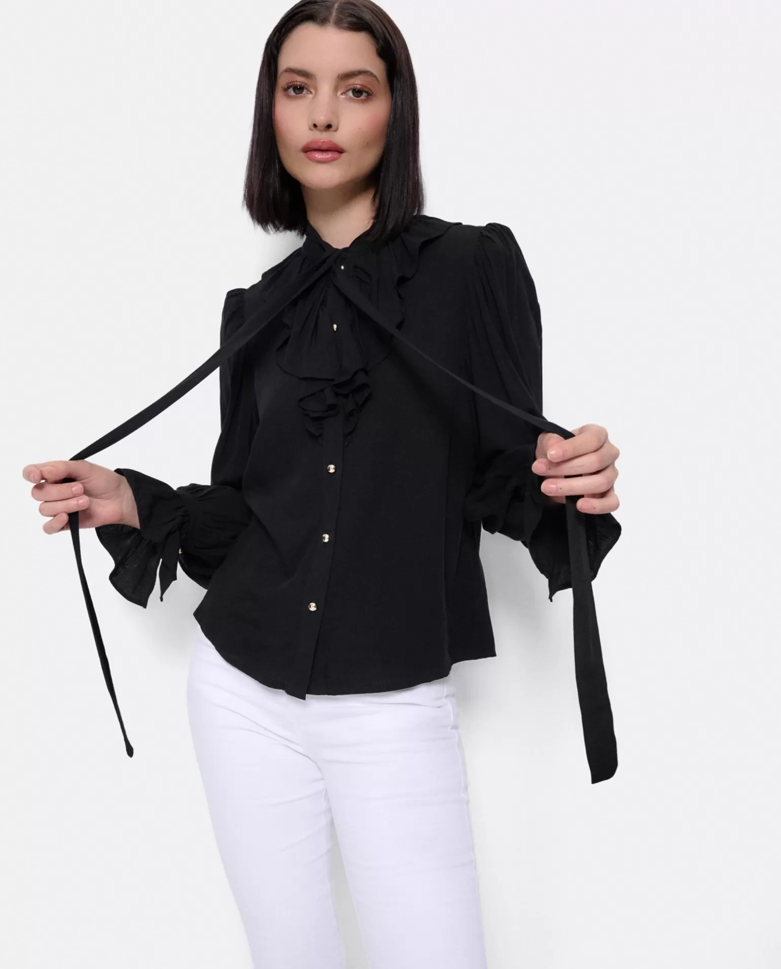 Mujer Cuplé Blusa Lazo Cuello Punto Negro