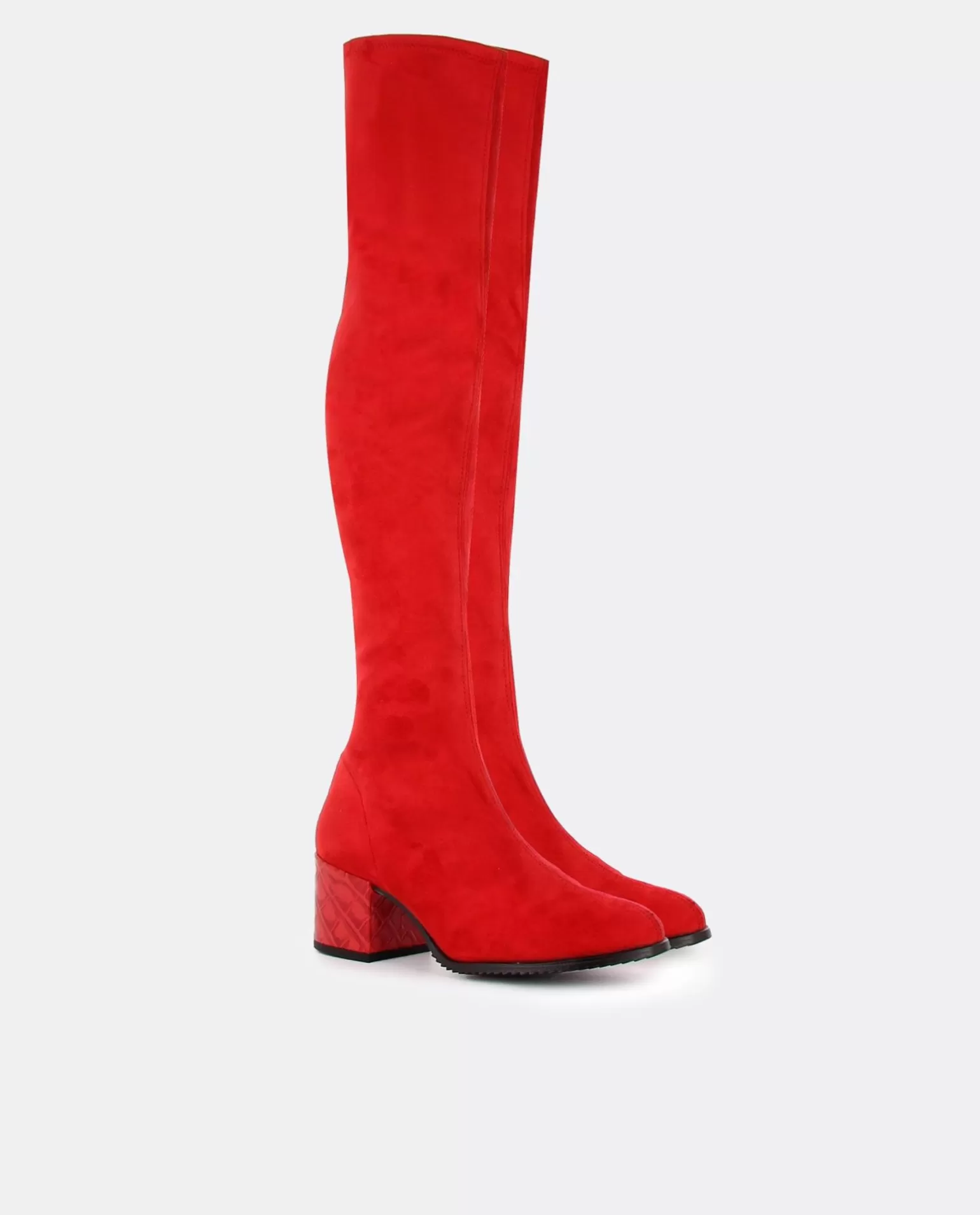 Mujer Cuplé Bota Mosquetera Suede Strech Rojo Tacón Coco Rojo