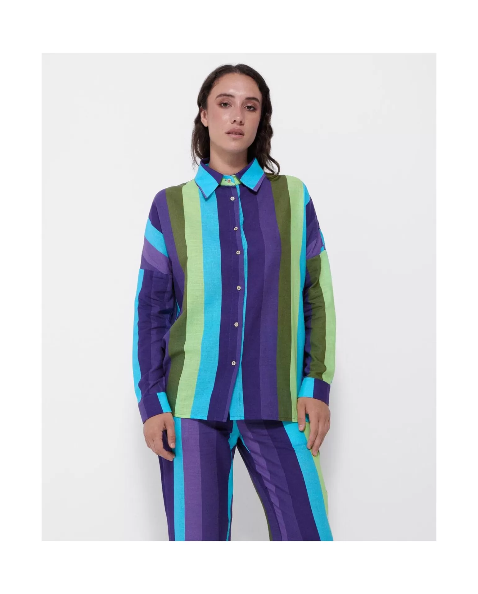 Mujer Cuplé Camisa Oversize Algodon Rayas Azul