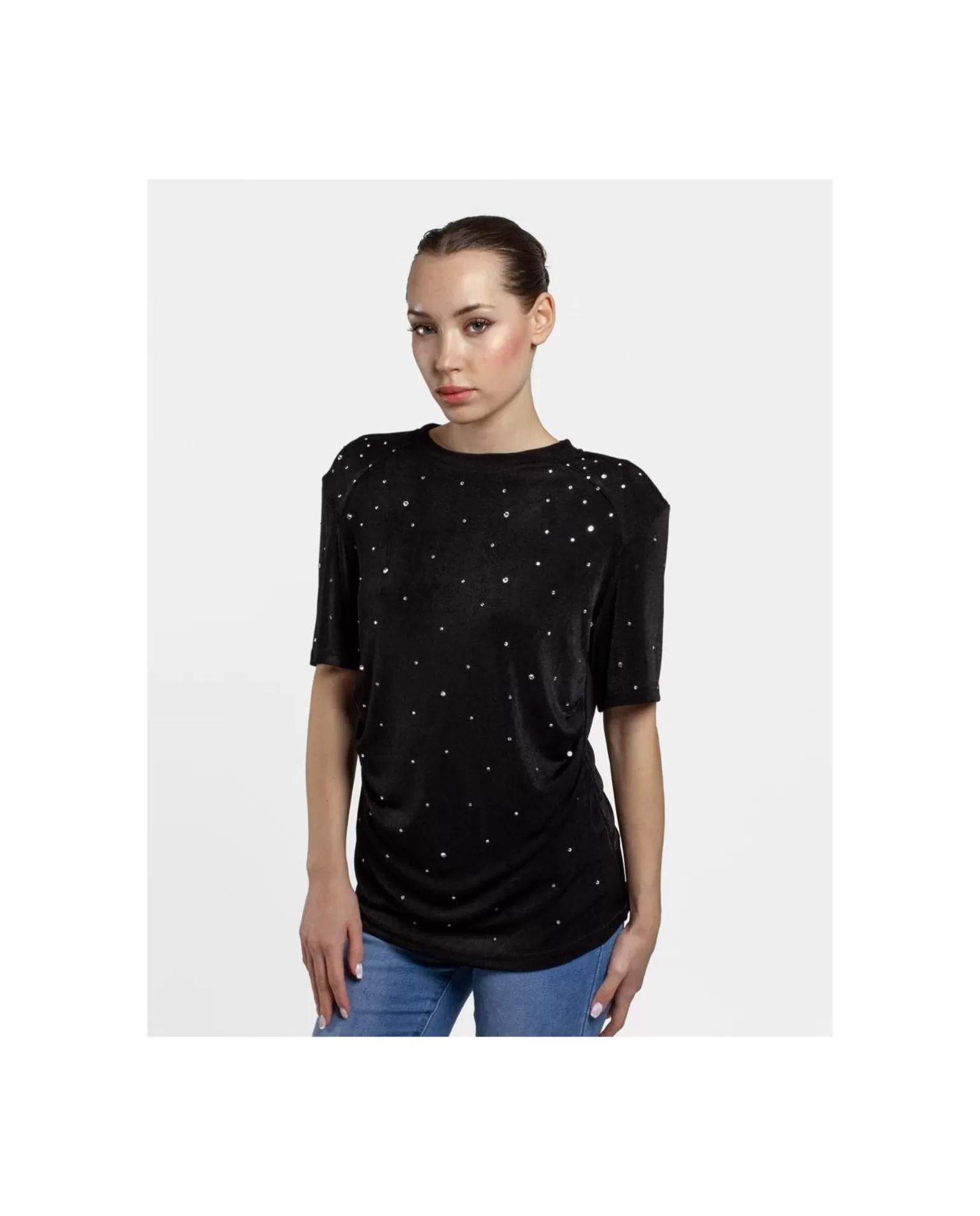 Mujer Cuplé Camiseta Strass Punto Negro