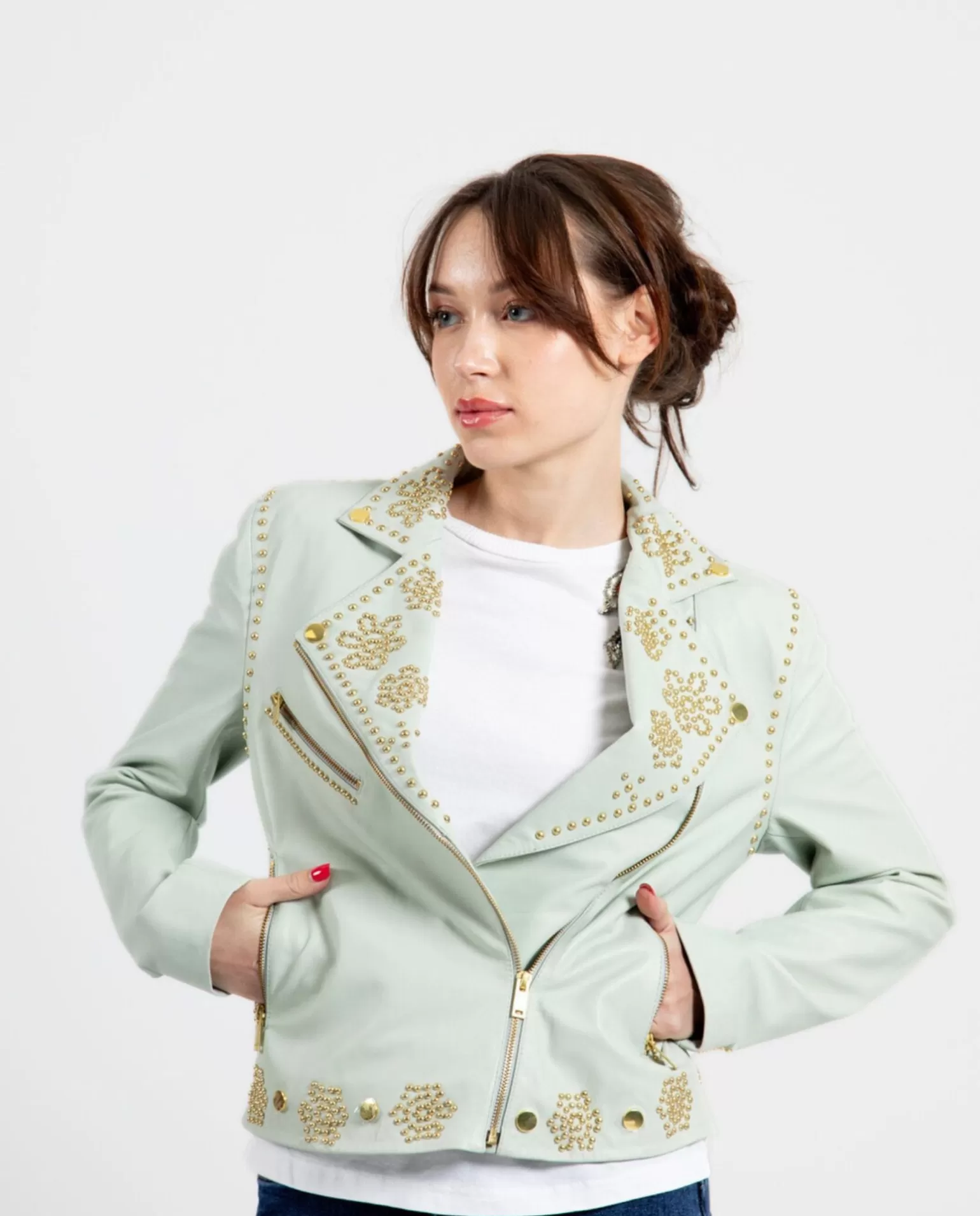 Mujer Cuplé Chaqueta Biker Tachas Piel Verde