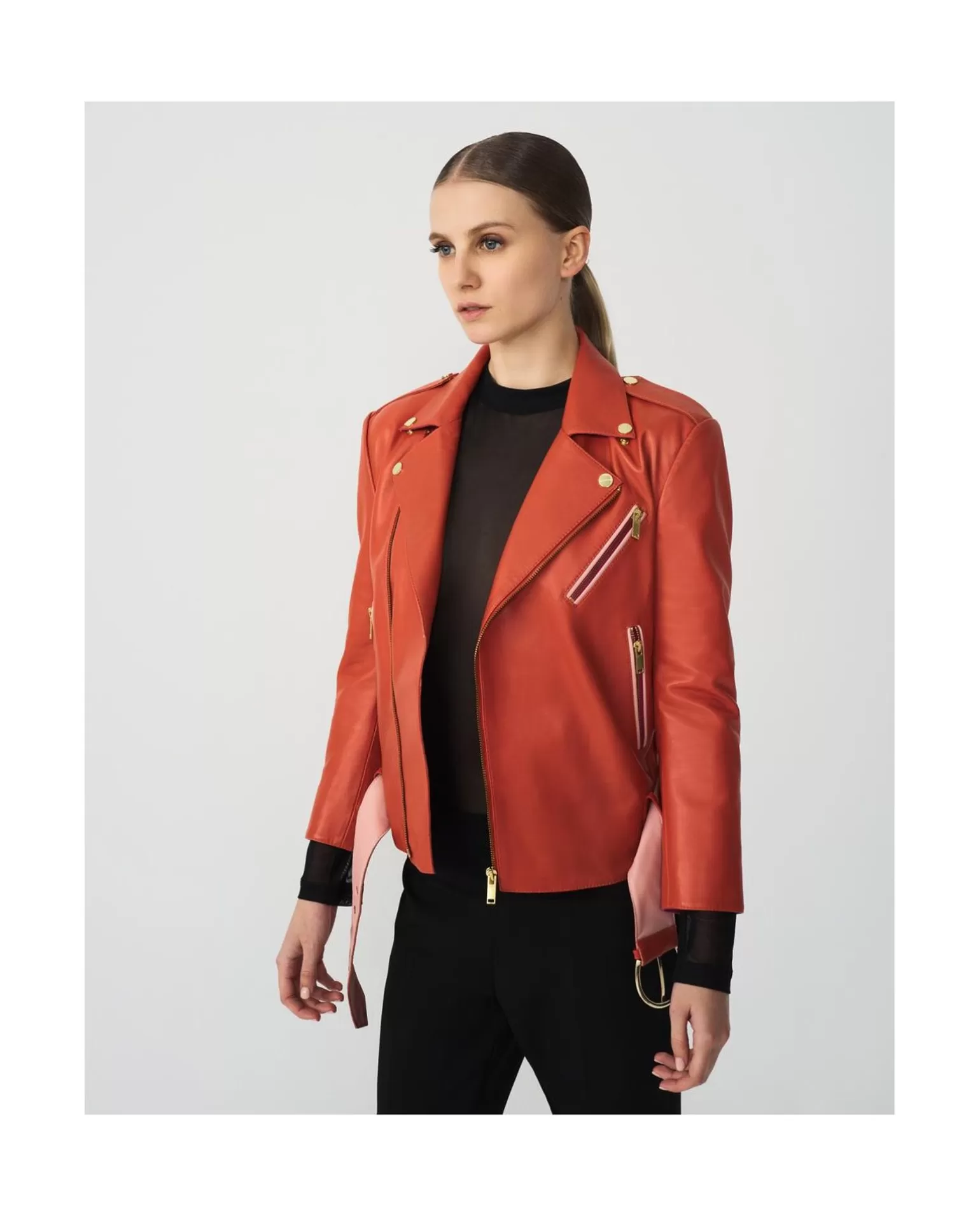 Mujer Cuplé Chaqueta Motera Napa Naranja