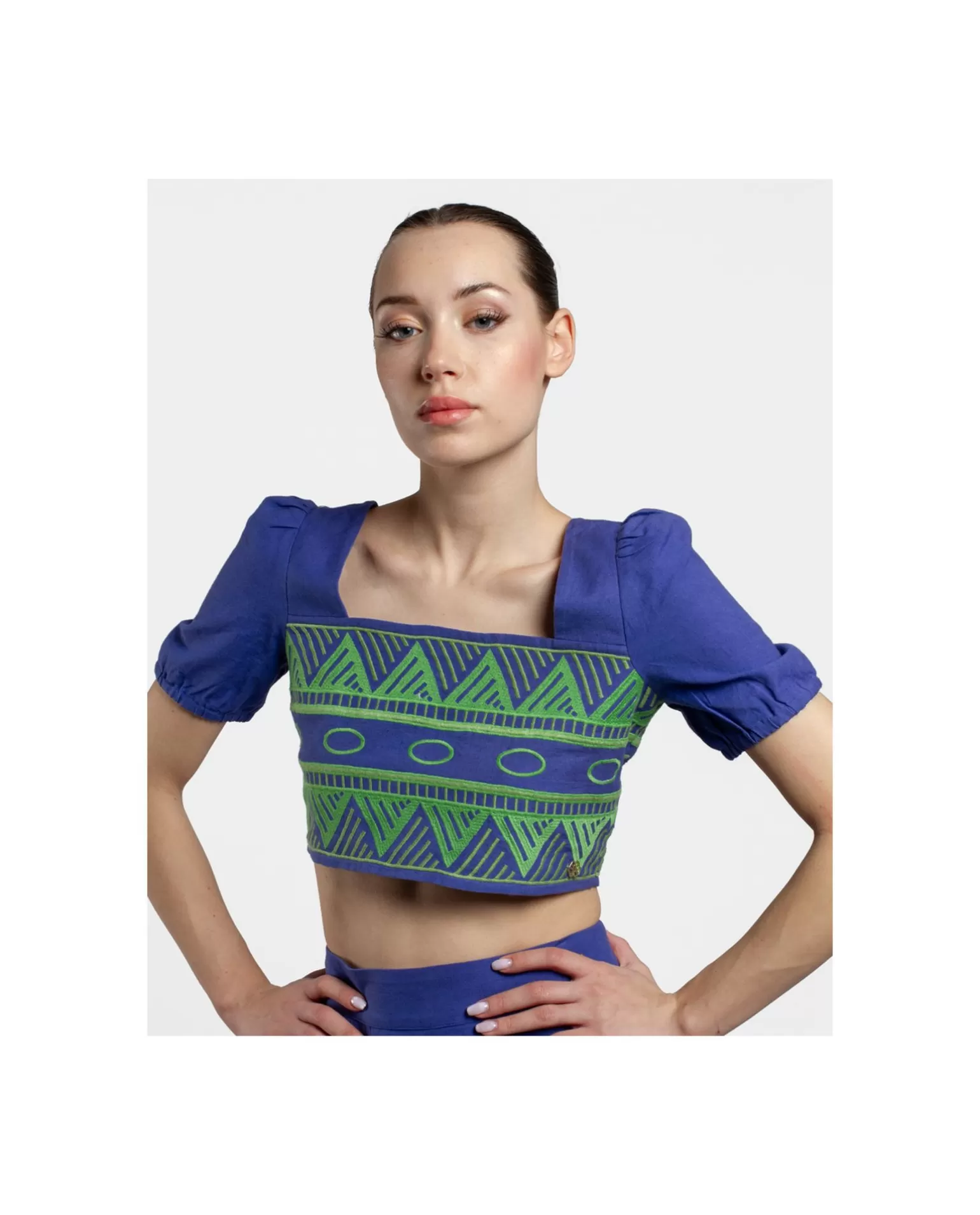 Mujer Cuplé Crop Top Manga Algodon Azul