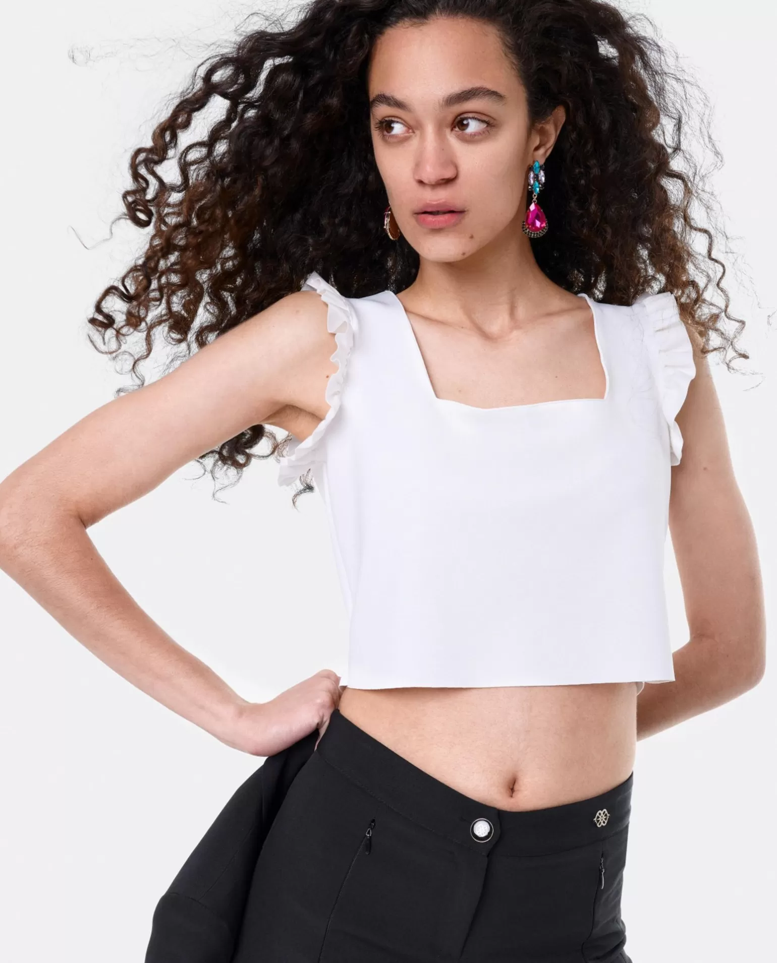 Mujer Cuplé Crop Top Volante Neopreno Blanco