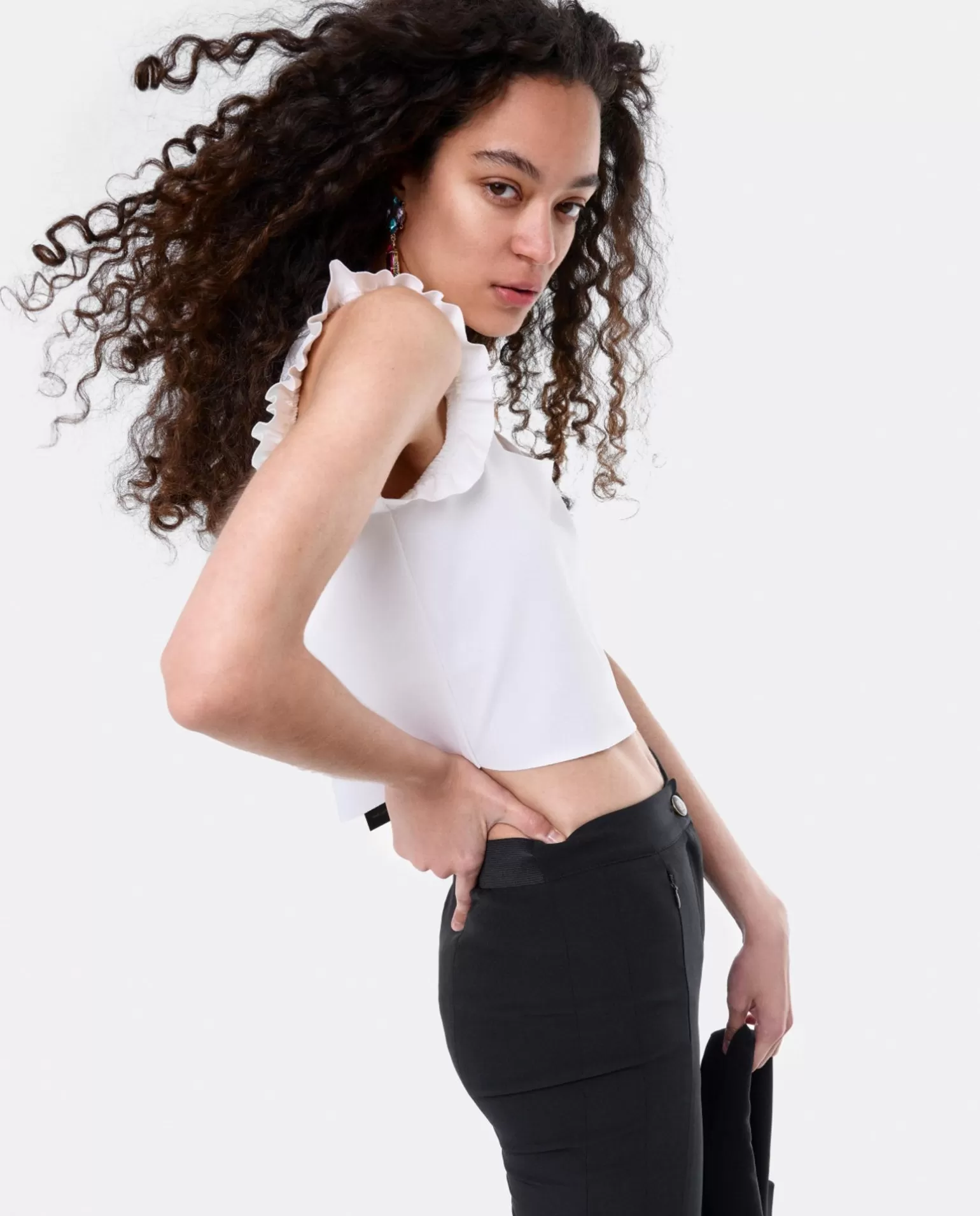 Mujer Cuplé Crop Top Volante Neopreno Blanco