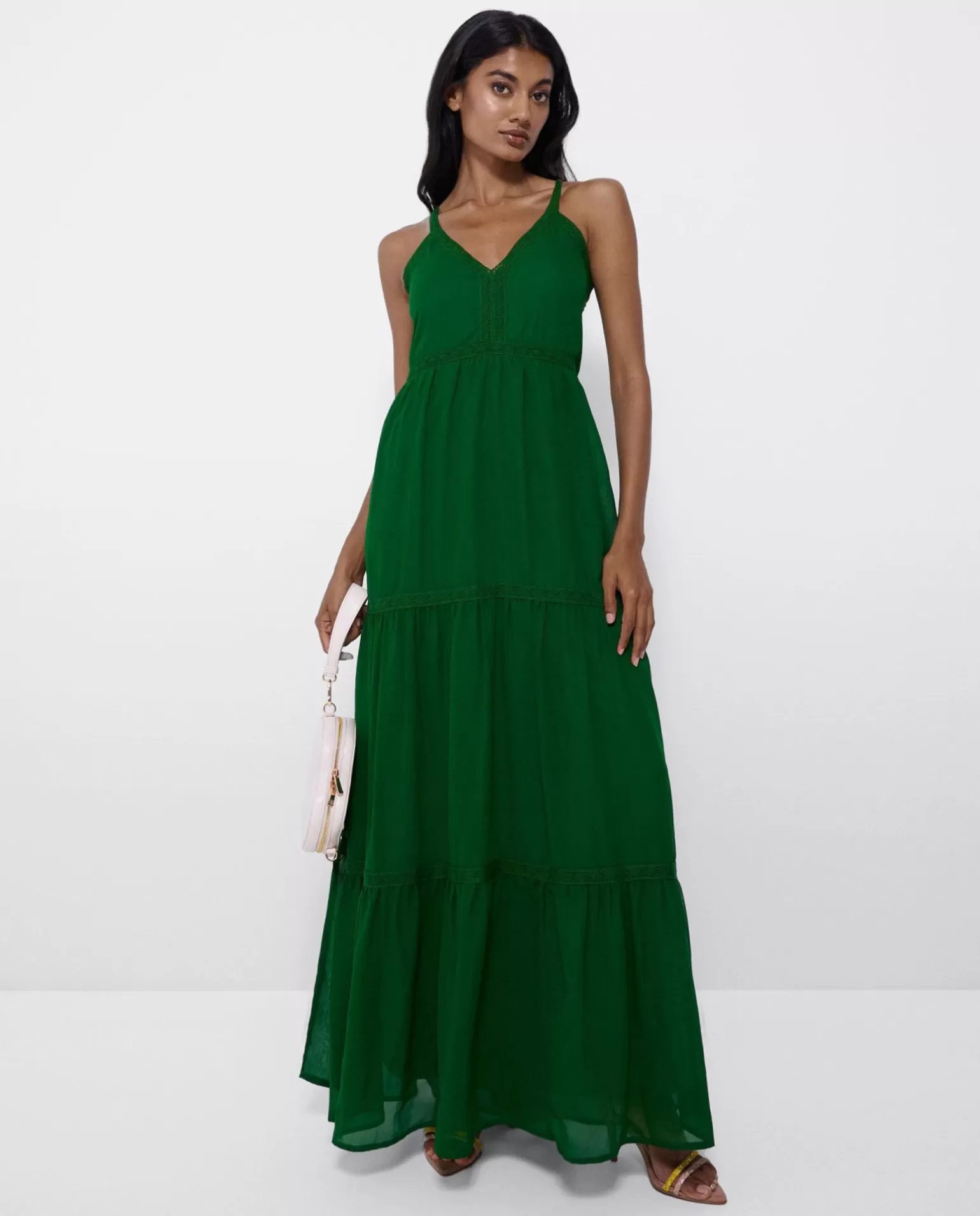 Mujer Cuplé Maxi Vestido Tirantes Encaje Algodon Verde