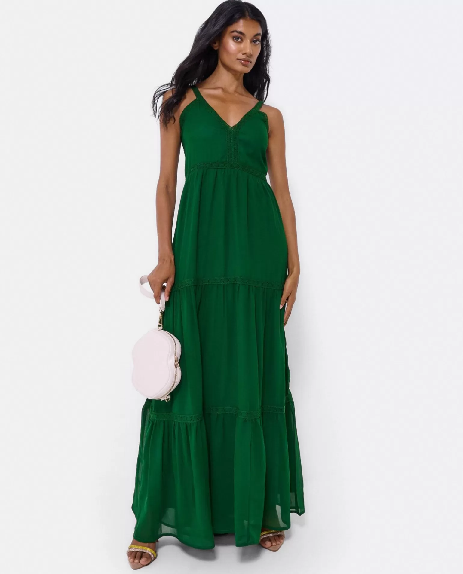 Mujer Cuplé Maxi Vestido Tirantes Encaje Algodon Verde