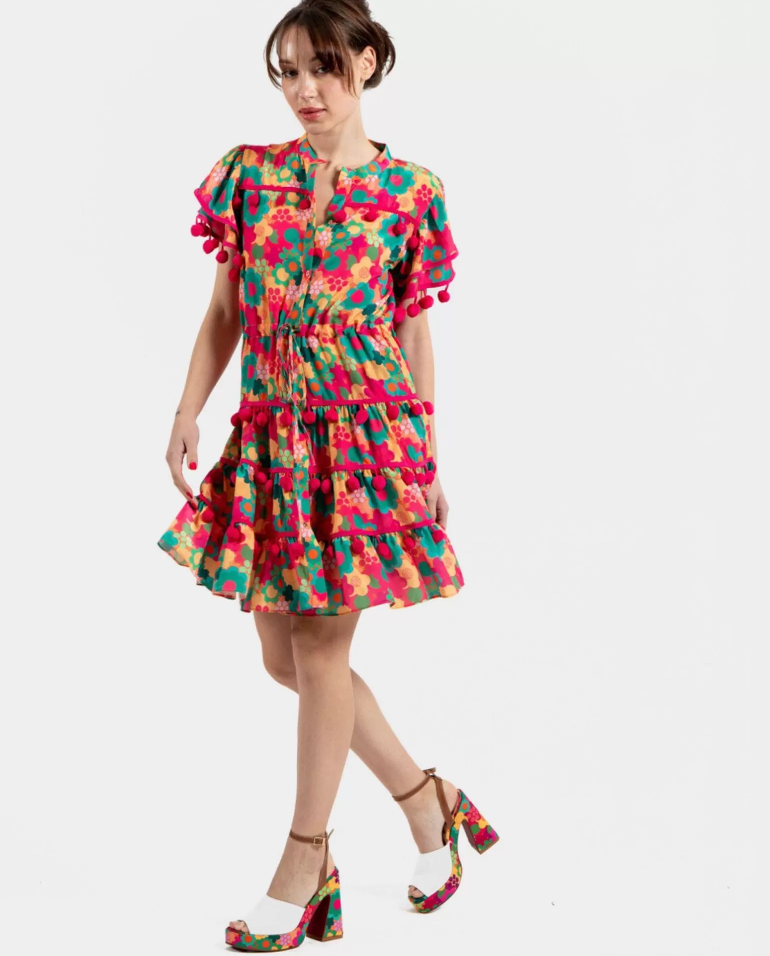 Mujer Cuplé Mini Vestido Pompones Saten Estampado Flores