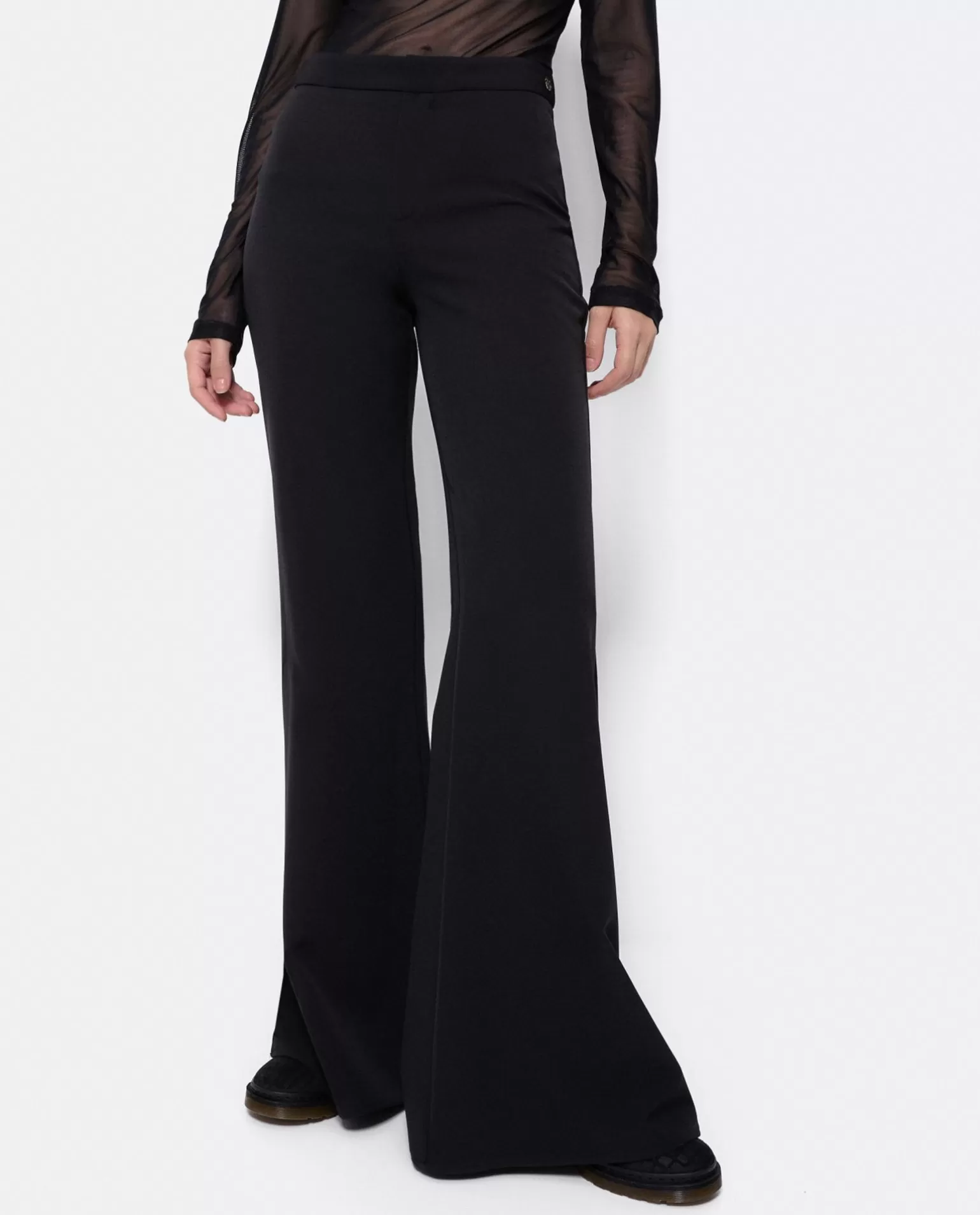 Mujer Cuplé Pantalon Campana Doble Tela Negro