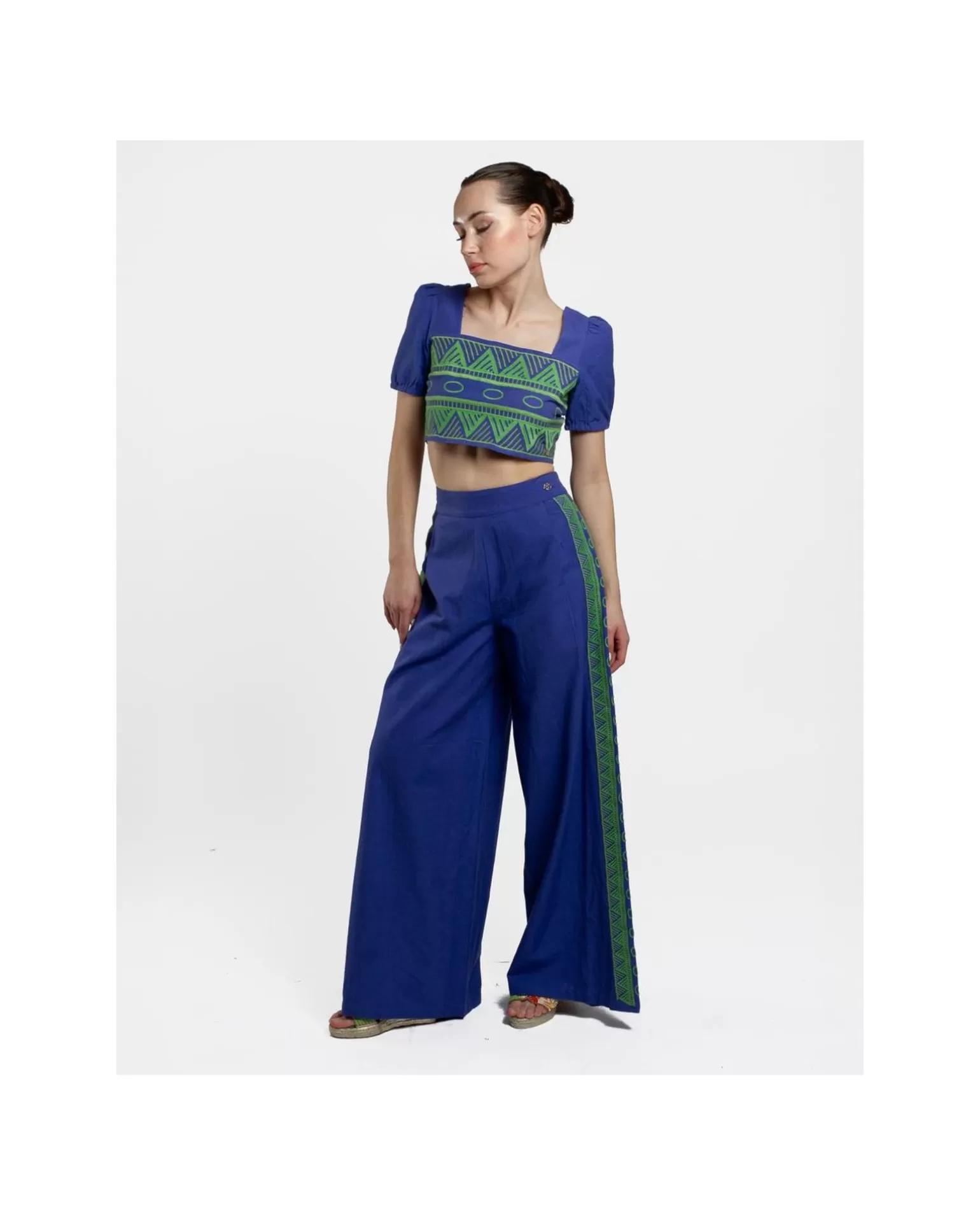 Mujer Cuplé Pantalon Palazzo Algodon Azul