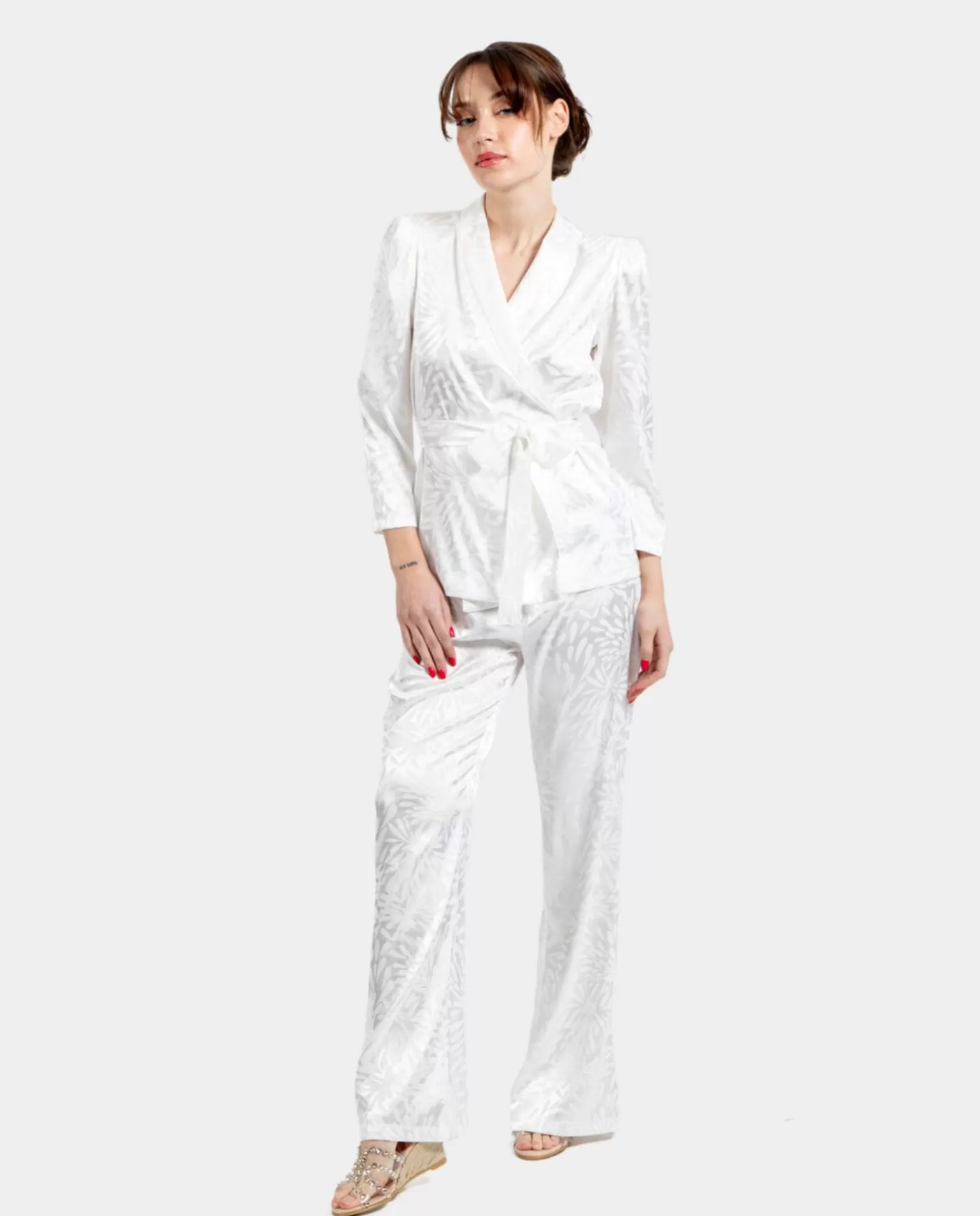 Mujer Cuplé Pantalon Recto Jacquard Blanco