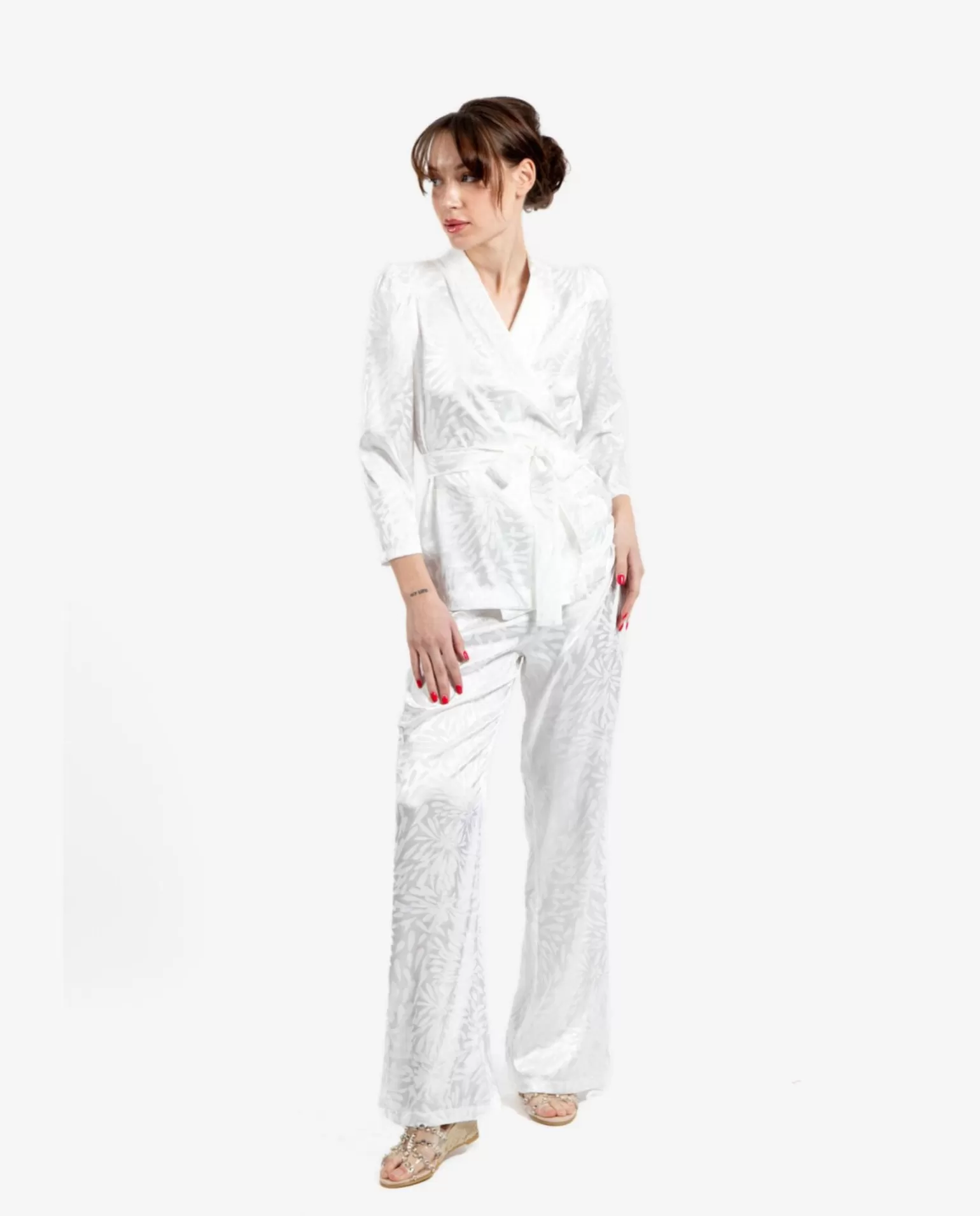 Mujer Cuplé Pantalon Recto Jacquard Blanco