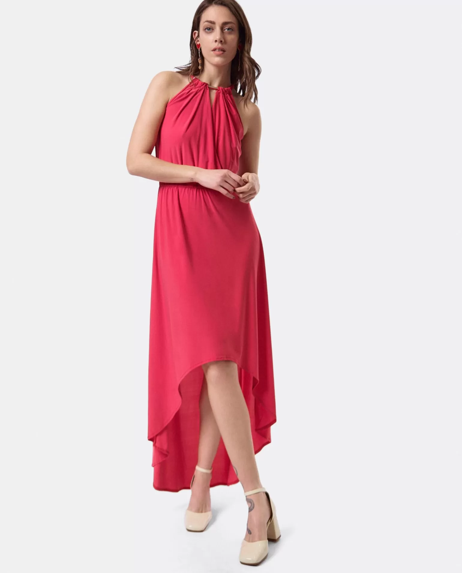 Mujer Cuplé Vestido Asimetrico Cola Punto Circular Coral