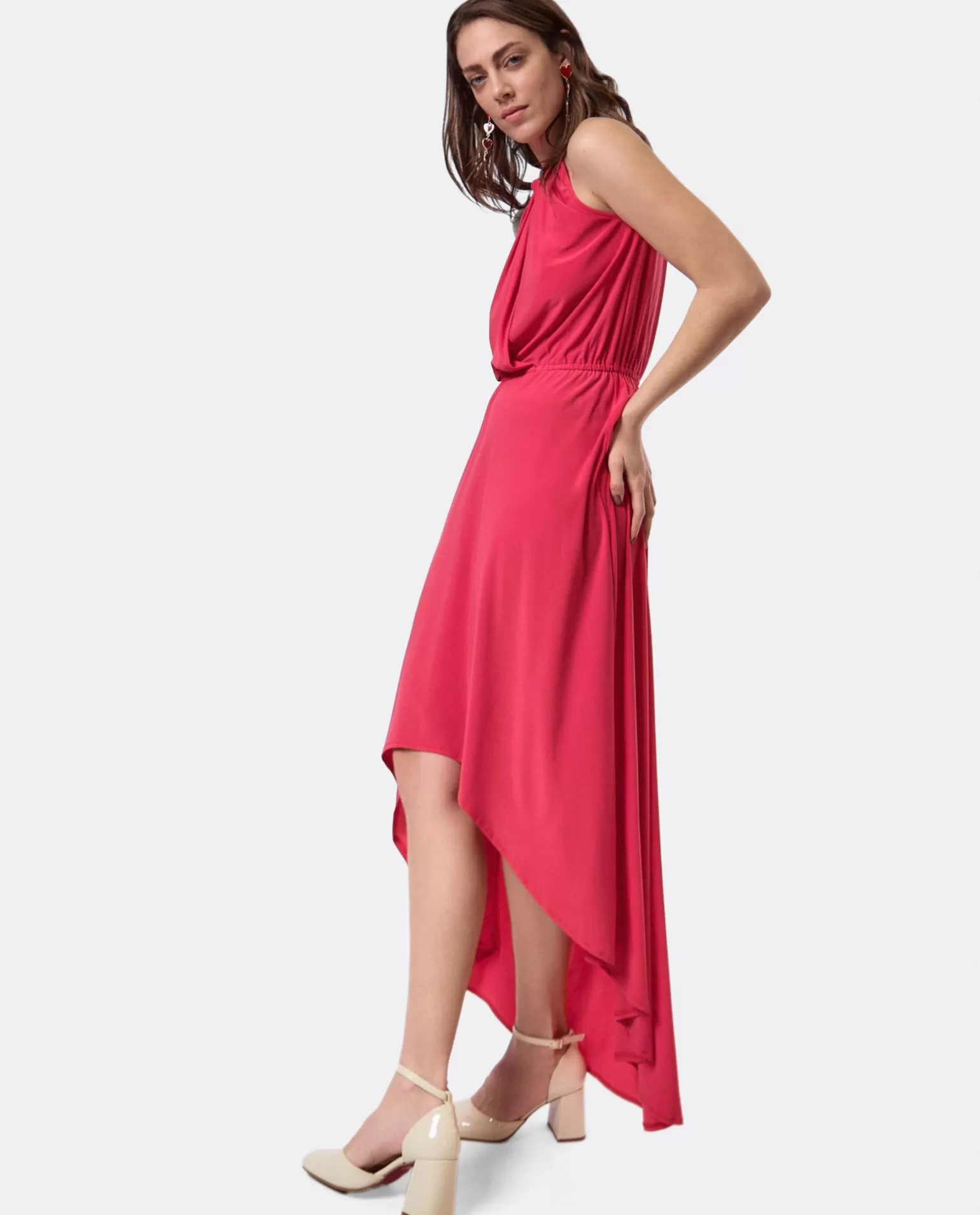 Mujer Cuplé Vestido Asimetrico Cola Punto Circular Coral