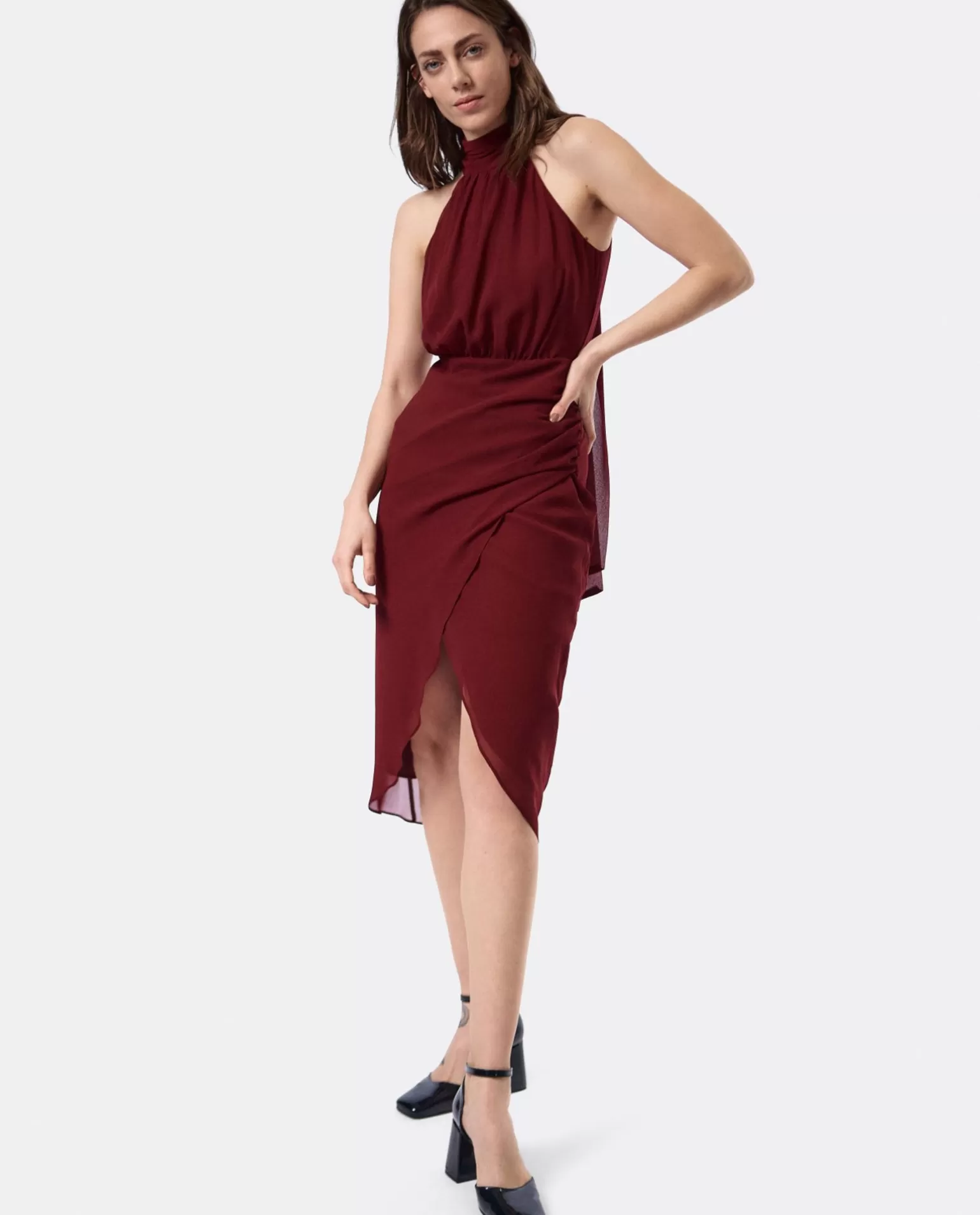 Mujer Cuplé Vestido Escote Halter Gasa Burdeos