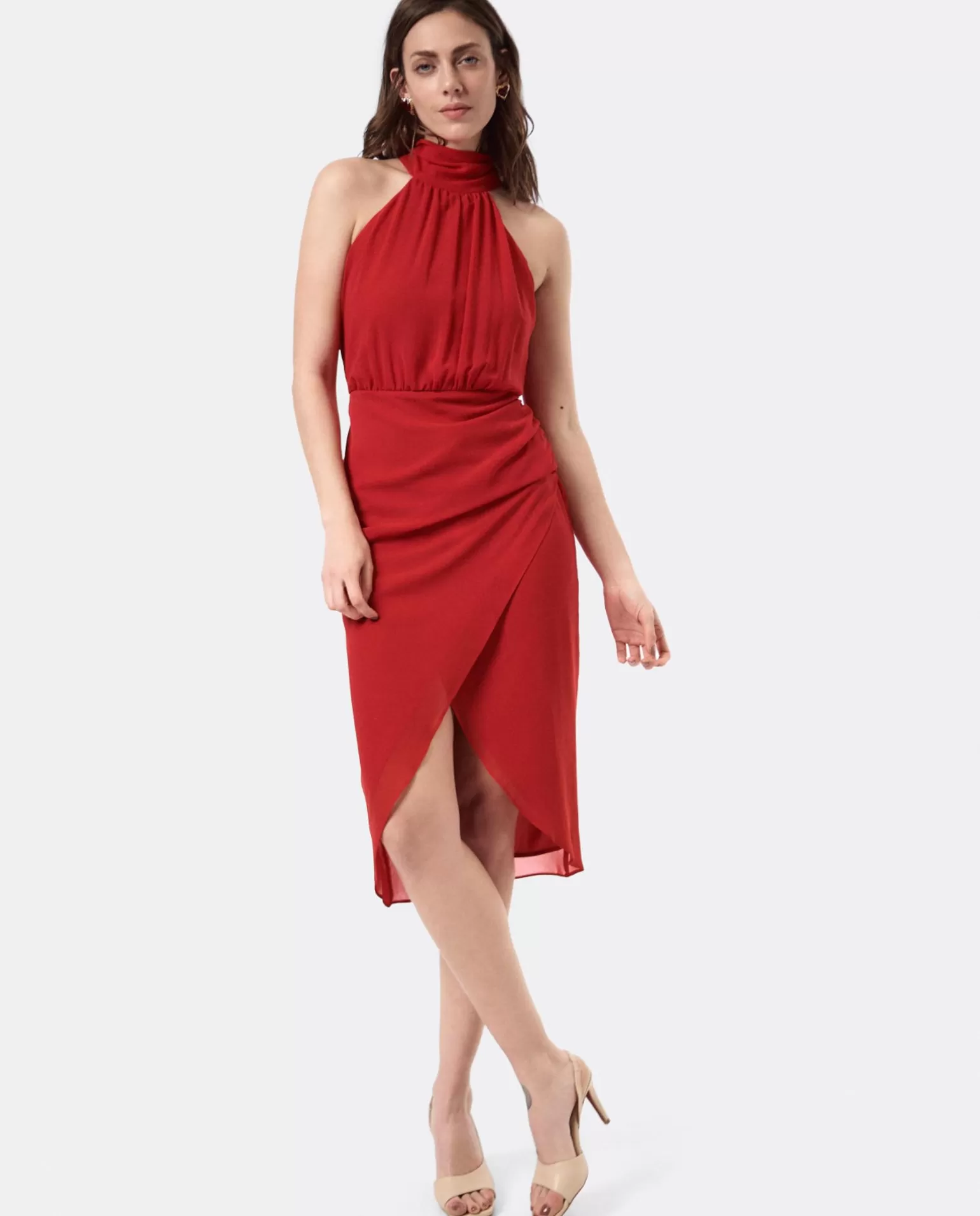 Mujer Cuplé Vestido Escote Halter Gasa Rojo