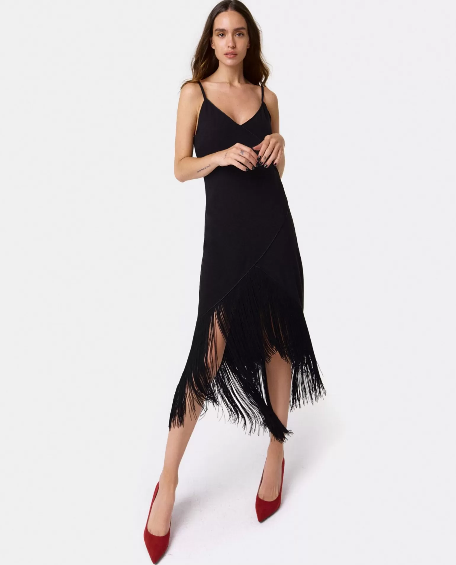 Mujer Cuplé Vestido Flecos Manila Crep Negro