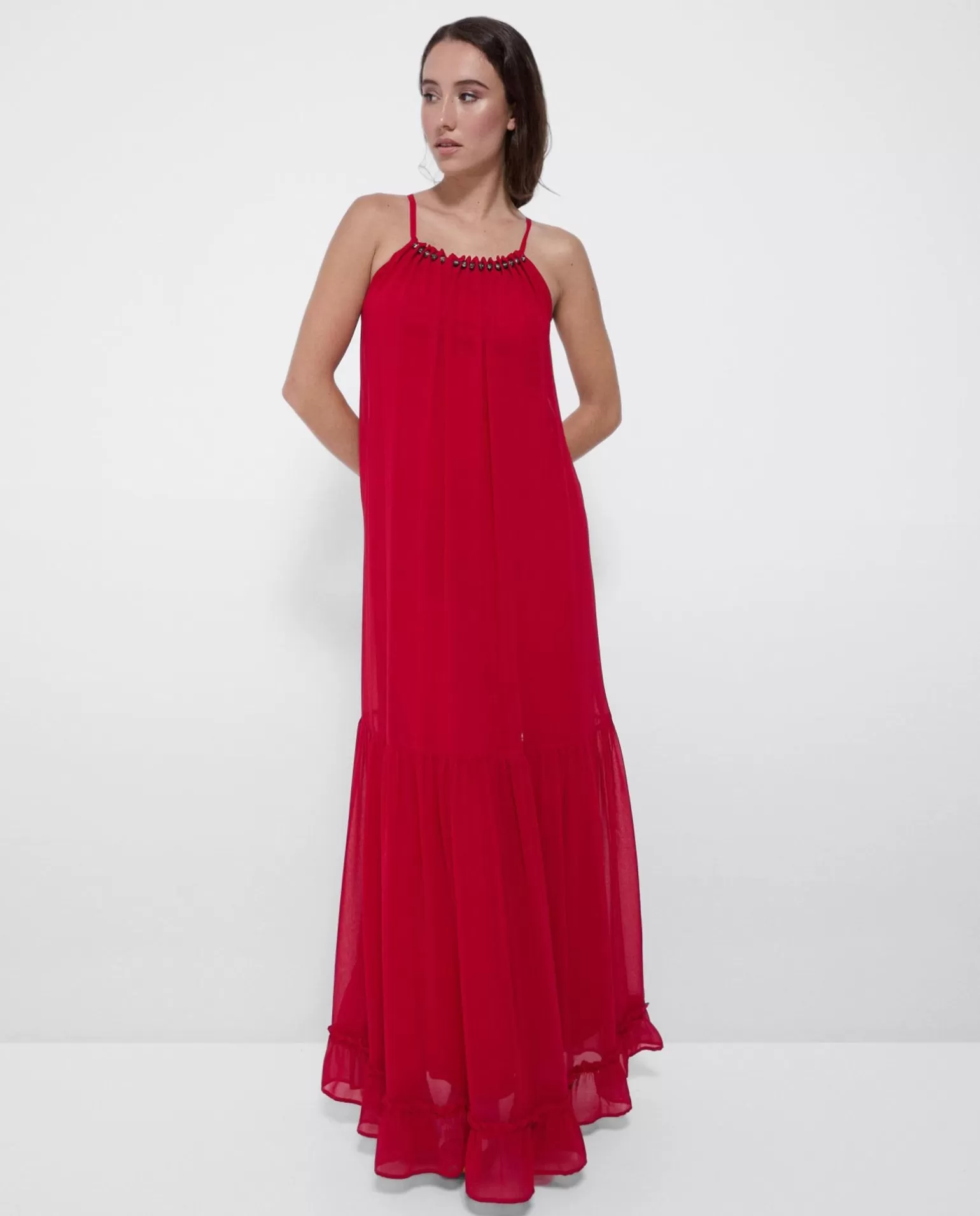 Mujer Cuplé Vestido Largo Bolas Gasa Rojo