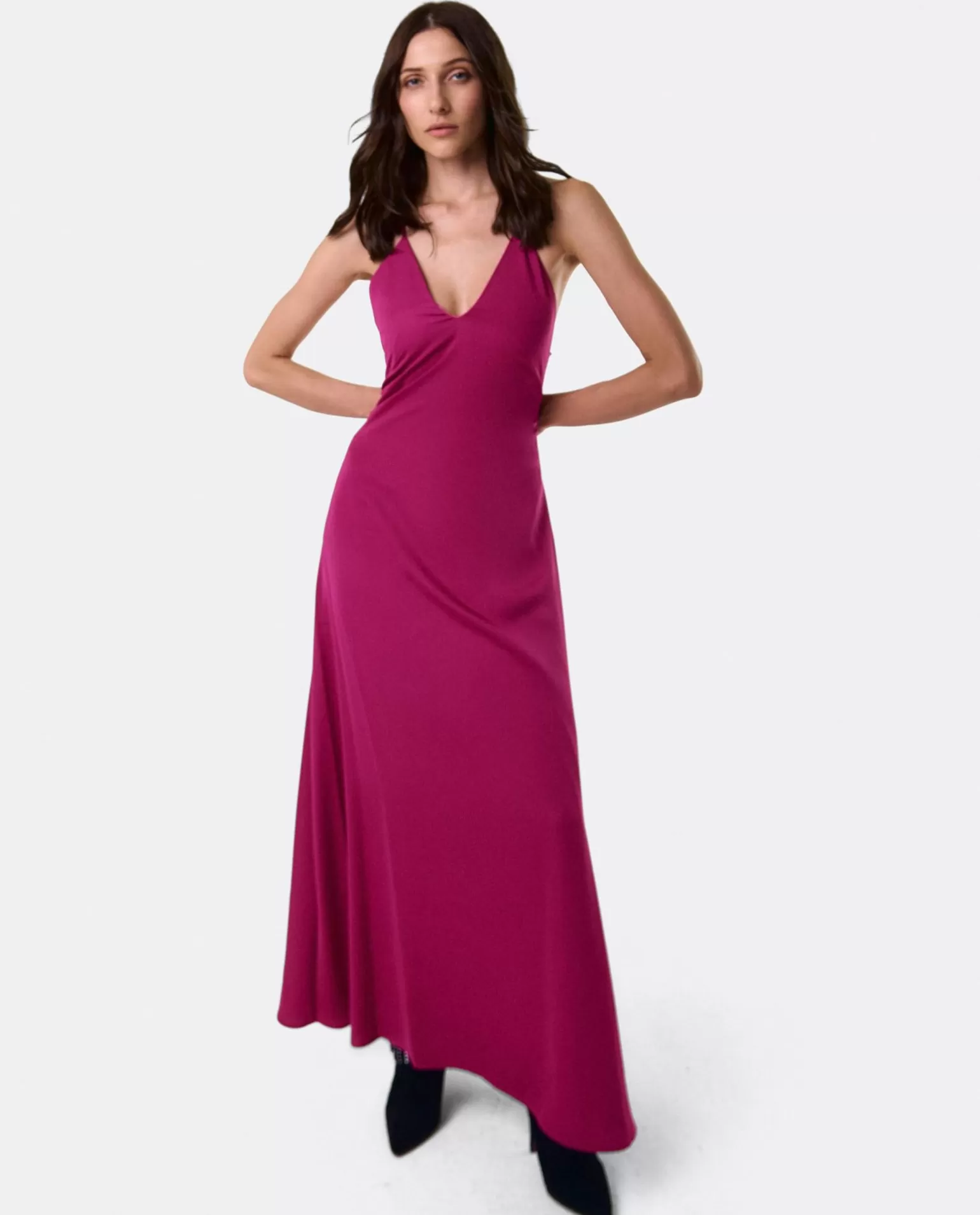 Mujer Cuplé Vestido Largo Fiesta Tirantes Saten Fucsia