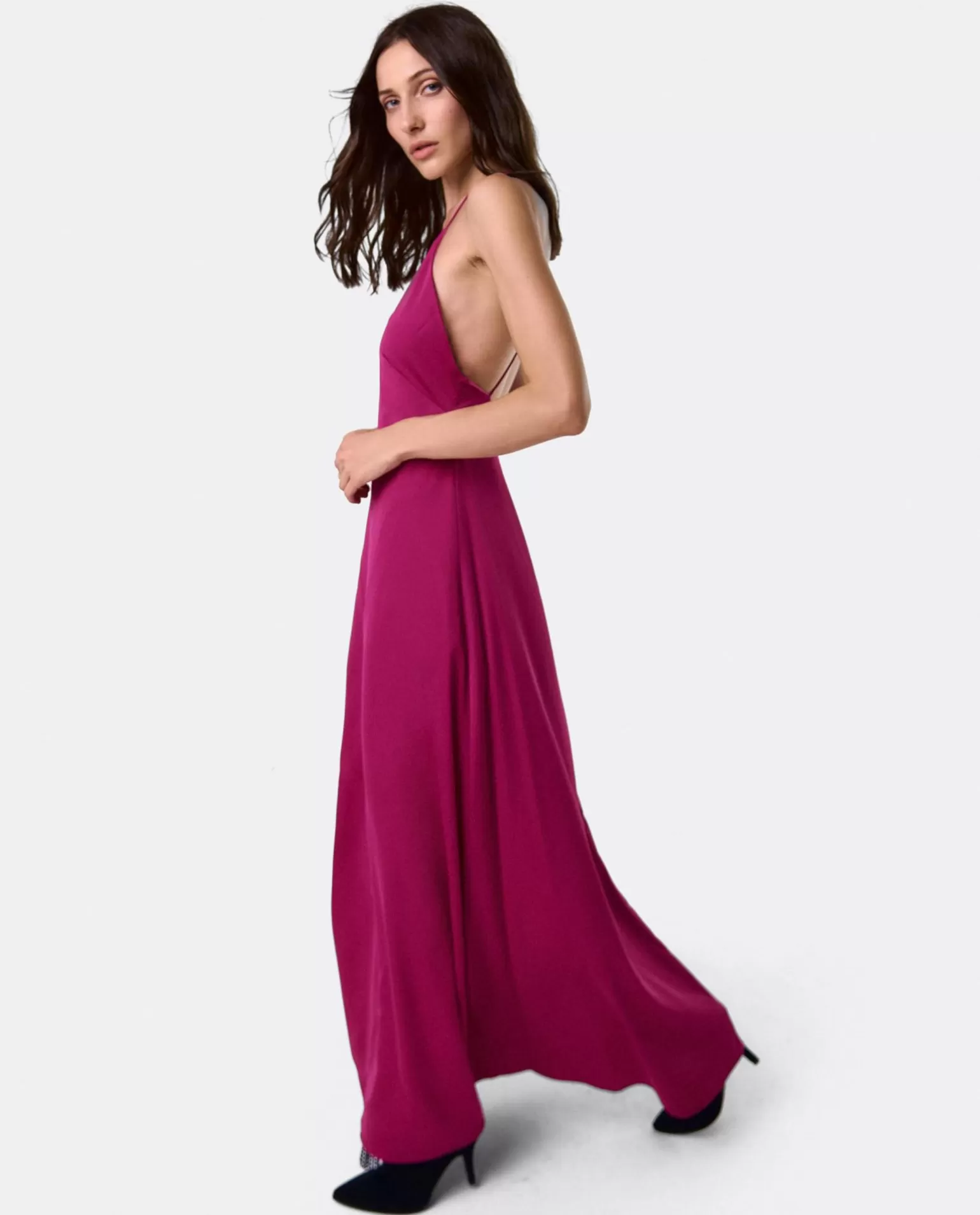 Mujer Cuplé Vestido Largo Fiesta Tirantes Saten Fucsia