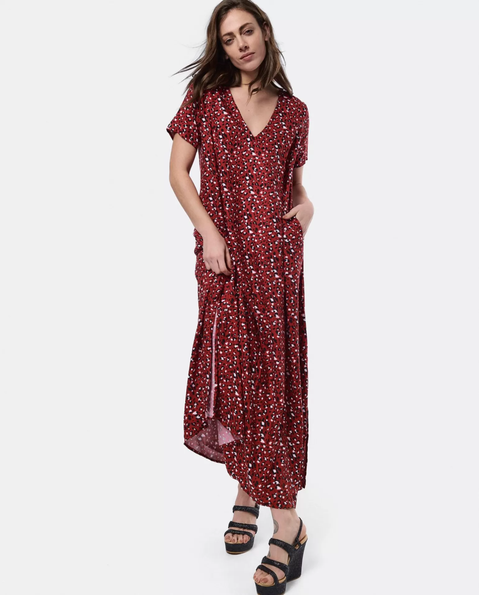 Mujer Cuplé Vestido Largo Viscosa Leopardo Rojo