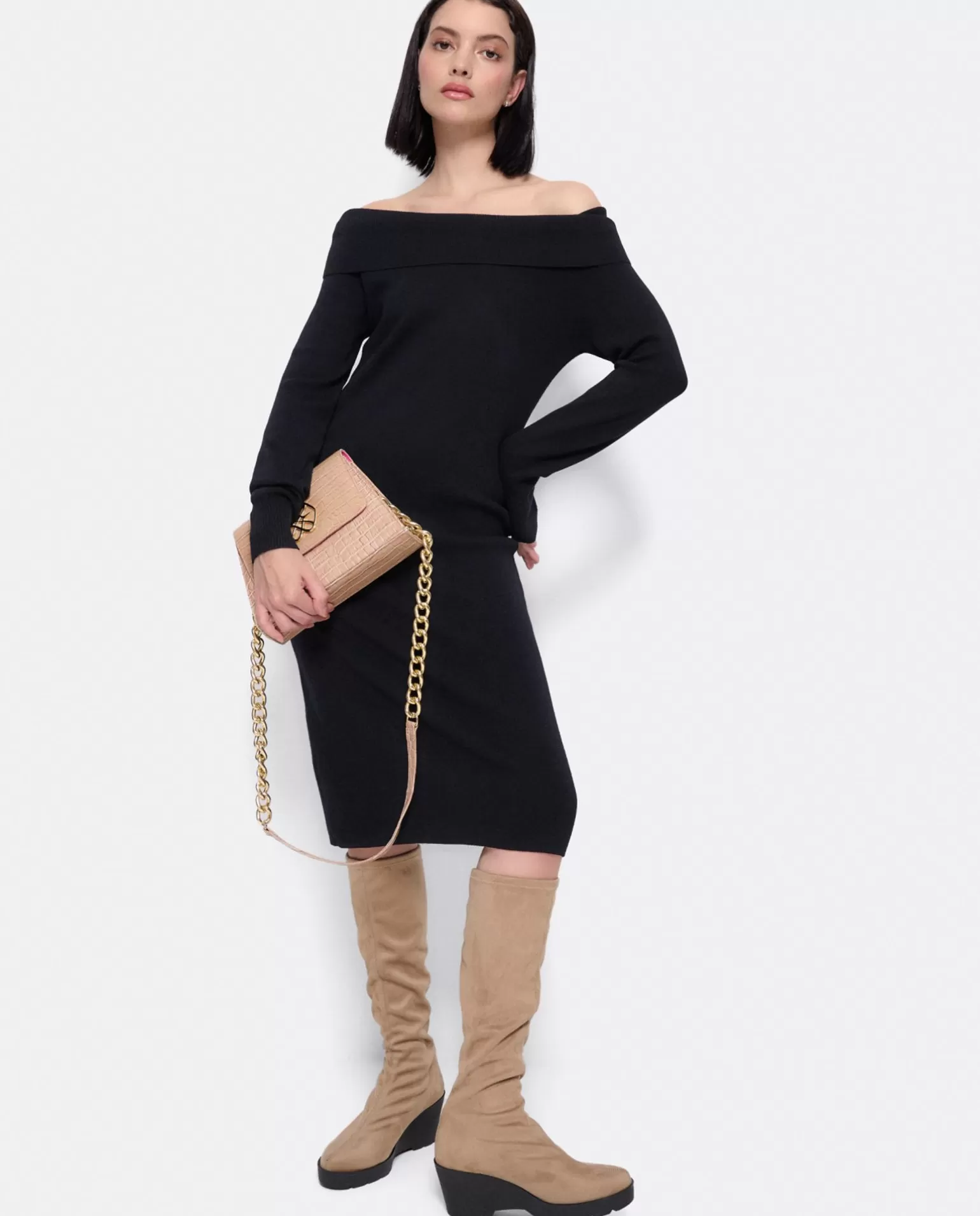 Mujer Cuplé Vestido Midi Escote Drapeado Punto Negro