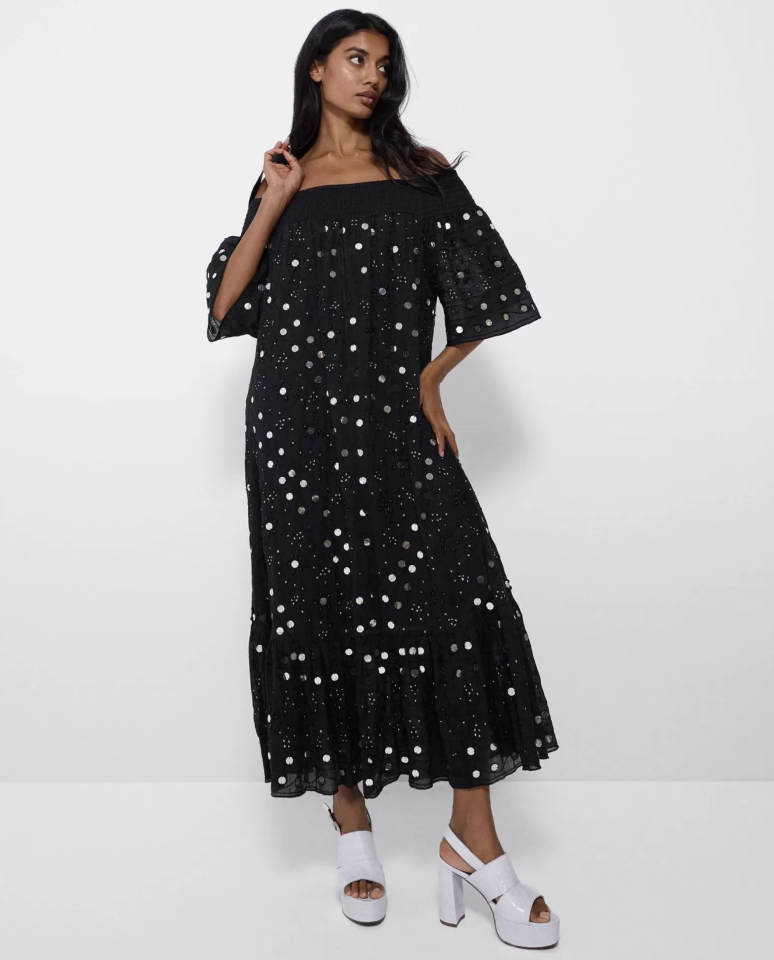 Mujer Cuplé Vestido Midi Espejos Algodon Negro